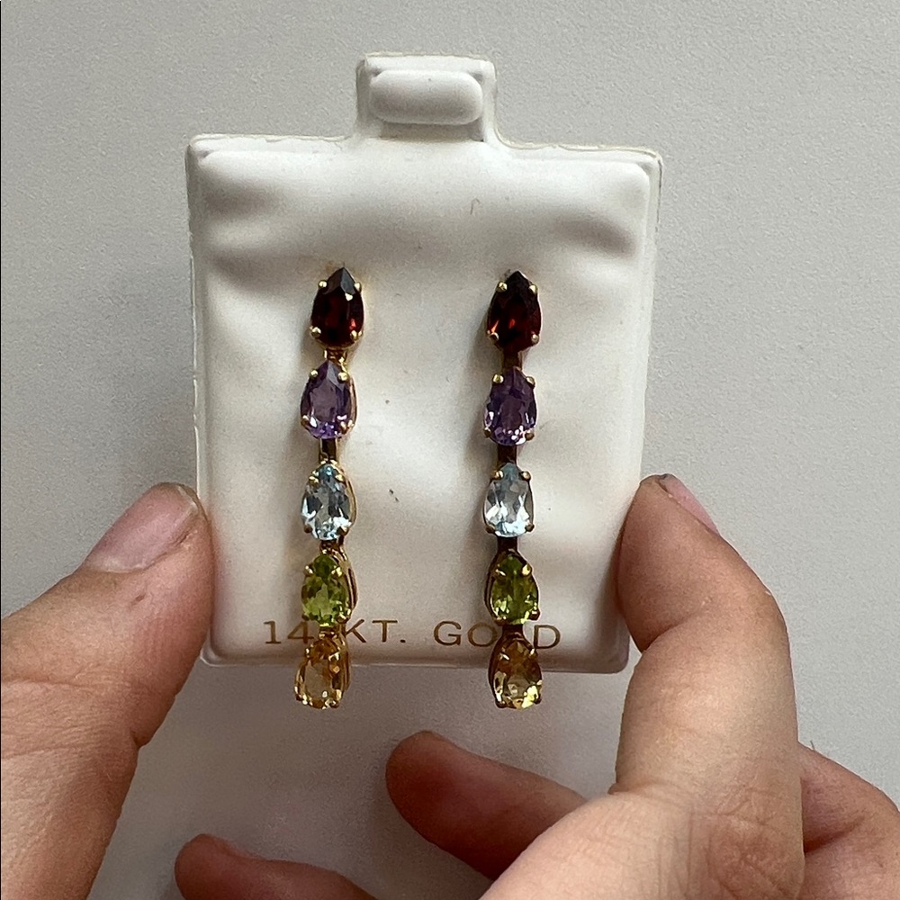 14KT Gold Multicolor Teardrop Gemstone Drop Earrings